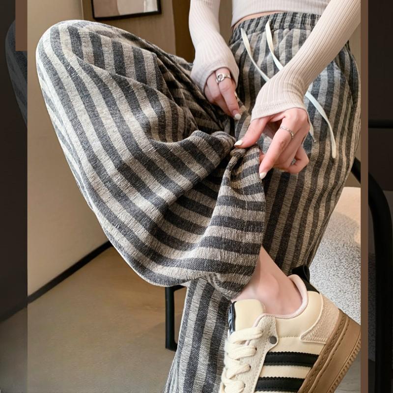 Casual Loose Grey Striped Wide Leg Pants for Women Spring Summer High Waisted Hanging Straight Leg Floor Length Pants Trousers Women’s