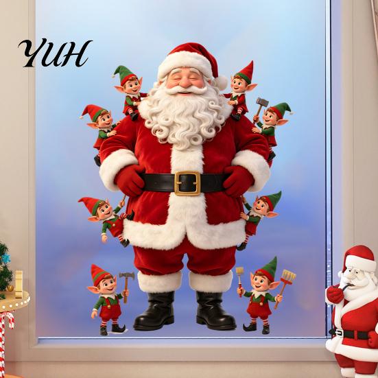 Decorative Glass Door Stickers Christmas Window Cling, Cute Santa Claus And Elf Boys Decal, Winter Seasonal Clings Holiday Reusable Static Sticker for