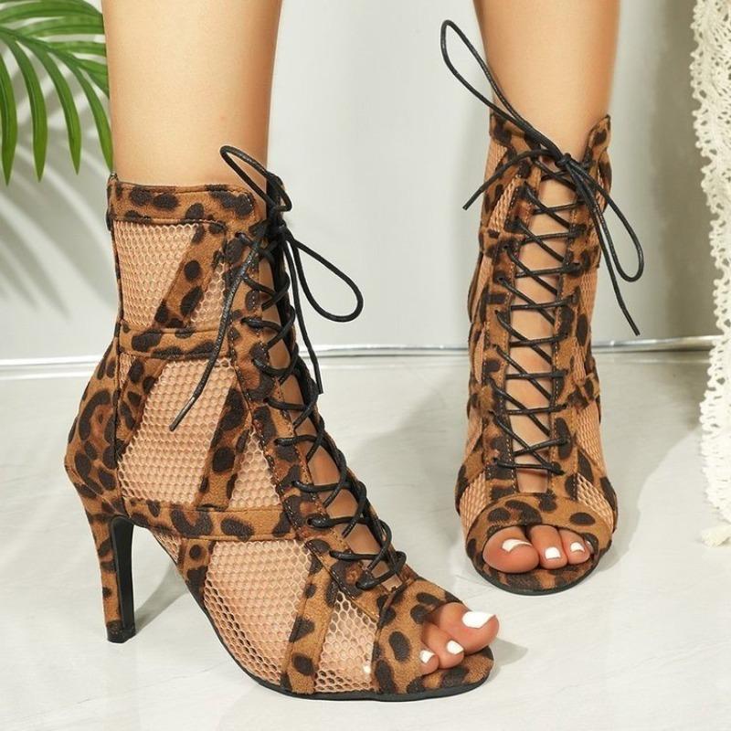 

Plus Size 2026 Hot Sale Mesh Women s Peep Toe Boots Round Toe Lace Up Back Zip Ankle Sandal Leopard print sandals 36 цветной печати леопарда