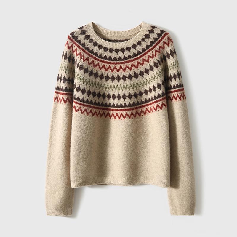 

Oversized Lazy Style Knit Sweater Women 2024 Retro Casual Round Neck Loose Fit Plus Size бежевий