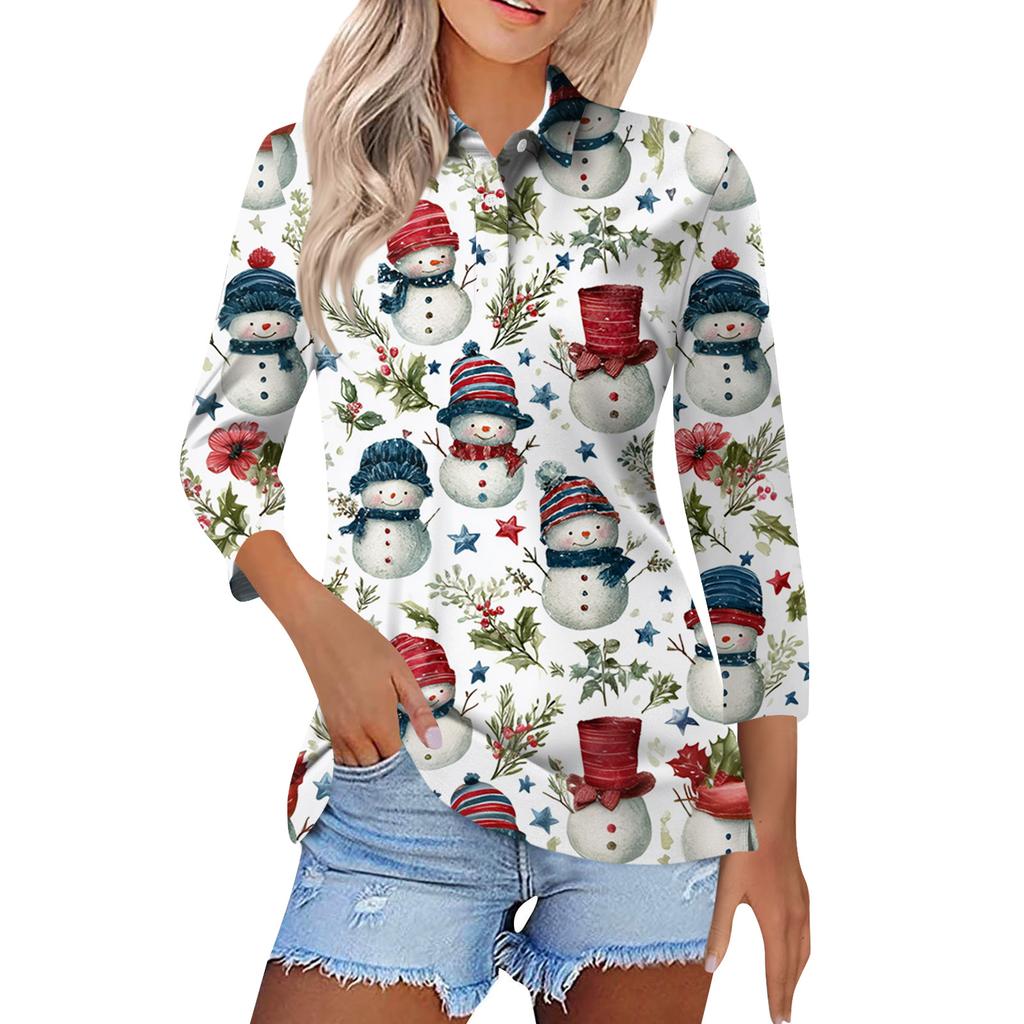 Women's Fashion Casual Button 3/4 Sleeve Vintage  Print Lapel Top