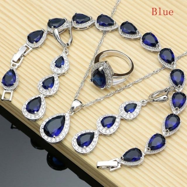 925 Sterling Silver Jewelry White Cz Blue Zircon Jewelry Sets For Women Earrings /Pendant /Necklace /Rings /Bracelet