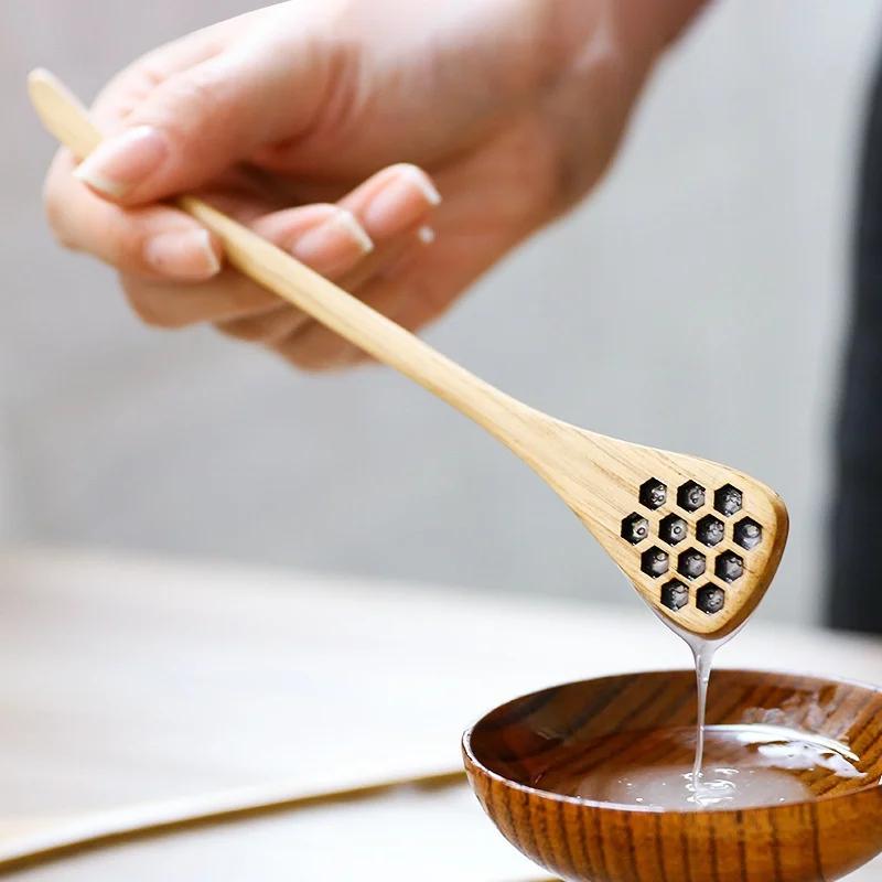 1 Stück Holz Honiglöffel Servier-Mischstab Löffel Waben-Herz-Muster für Kaffee Honiglöffel