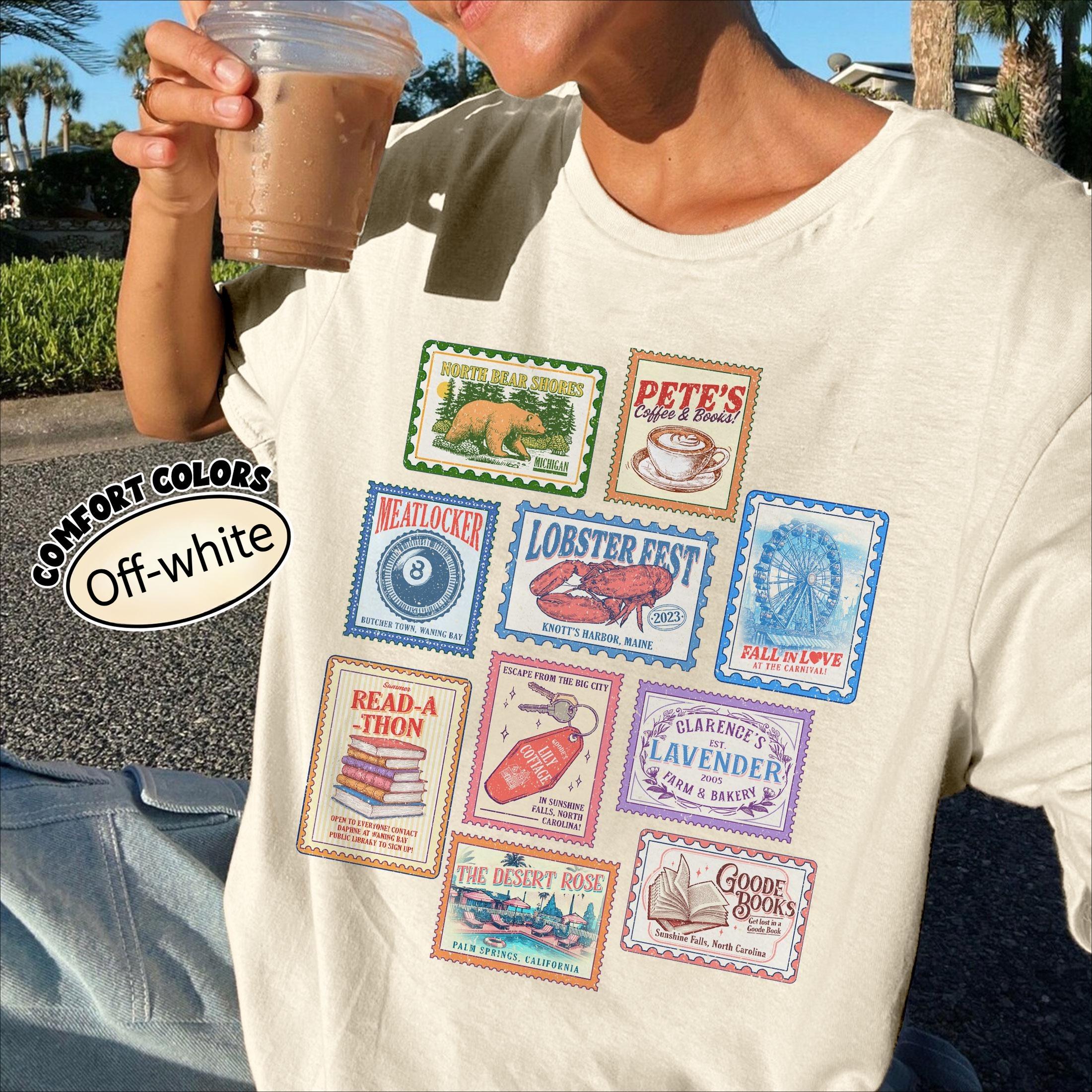 

Vintage Book Stamp Collection Printed American Lifestyle Style City Theme Fun Loose Short Sleeve Womens Tshirt 4XL
