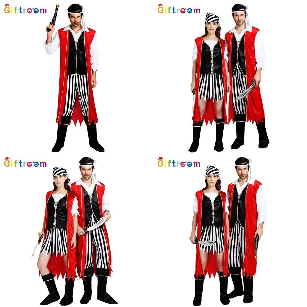 תחפושת פיראטים אלגנטית ומסוגננת לזוגות למסיבות ליל כל הקדושים עם גלימה אדומה