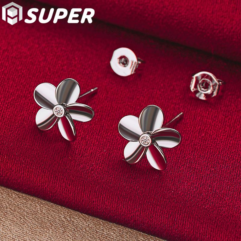 925 Sterling Silber fünfblättrige Blume AAA Zirkon Ohrstecker Schmuck