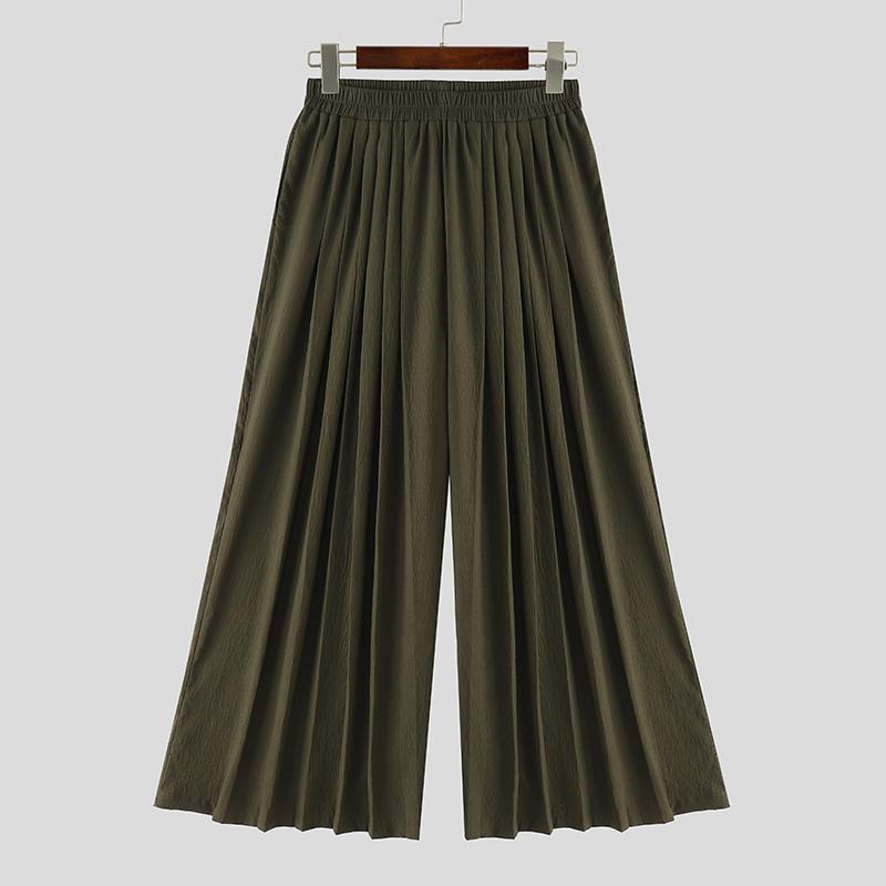 

INCERUN Мужские брюки с эластичной талией, оборками, плиссировкой, повседневные, с широкими штанинами, с карманами S зелёный