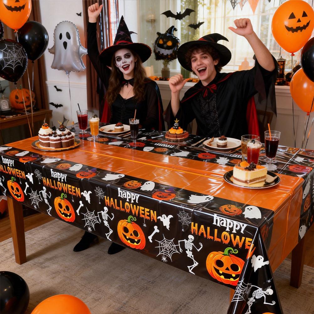 Halloween Pumpkin Skeleton Themed Disposable Tablecloth Waterproof Oilproof Rectangular Table Cover Festival Party Decor Supply