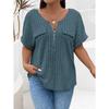 2026 Spring/Summer New Plus Size Solid Color Women's V-Neck T-Shirt Loose Top with Zipper Short Sleeves and Faux Pockets