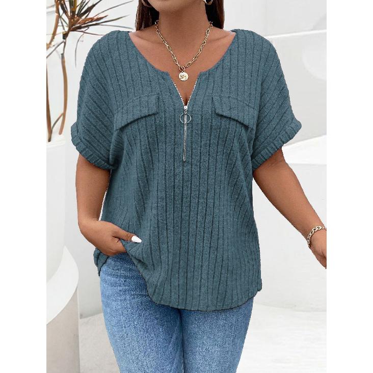 2026 Spring/Summer New Plus Size Solid Color Women's V-Neck T-Shirt Loose Top with Zipper Short Sleeves and Faux Pockets