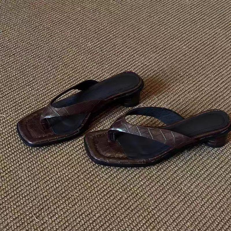 Fashion Mid Heels Clip Toe Slippers Women Chunky Shoes Heeled Sandals Summer 2025 Pumps Slides New Party Dress Elegant Mujer Sandalias