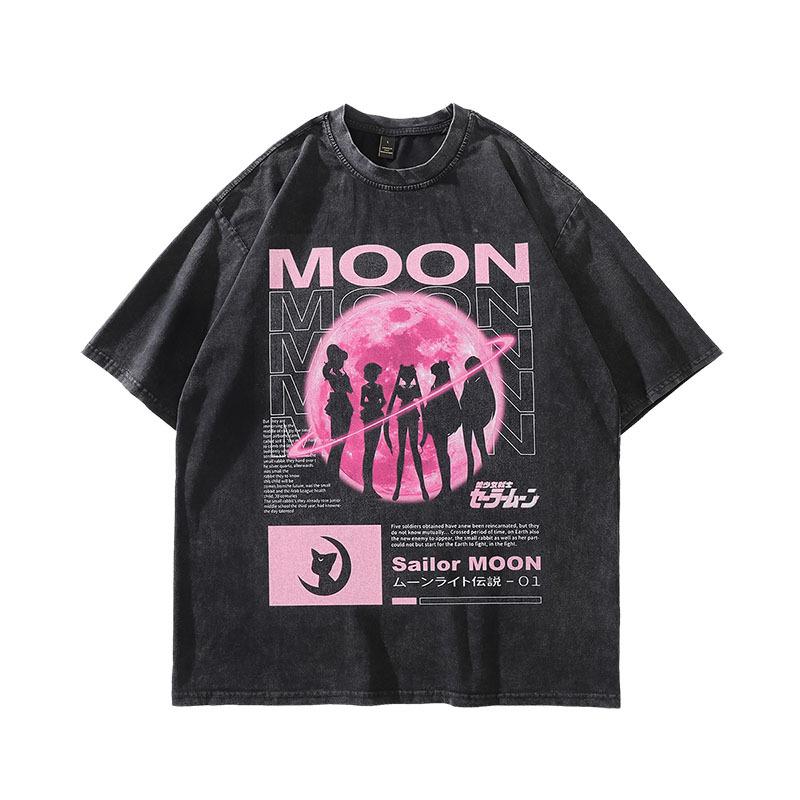 Men's T Shirts Sailor Moon Anime Print Summer Trendy Short-sleeved Tee Vintage Washed Cotton Clothes Tops