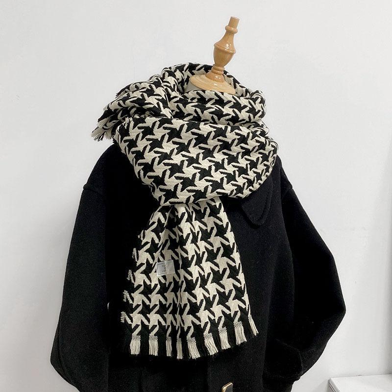 Scarf Korean Style Atmosphere Houndstooth Scarf for Women Winter Korean Style Versatile Warm Student High Looking Hong Kong Style Scarf
