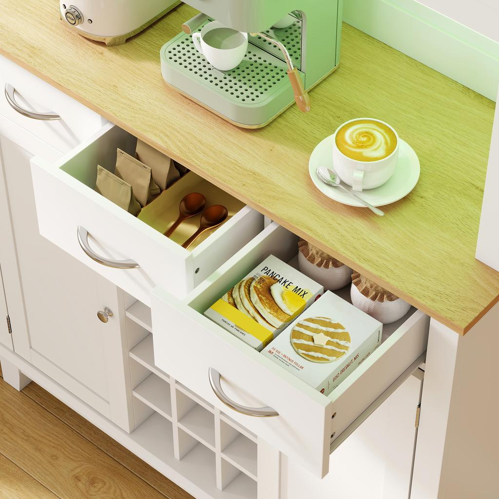High Kitchen Sideboard with LED, Display Cabinet, 4 Doors, 2 Glass, Drawers, Bottle Rack, White