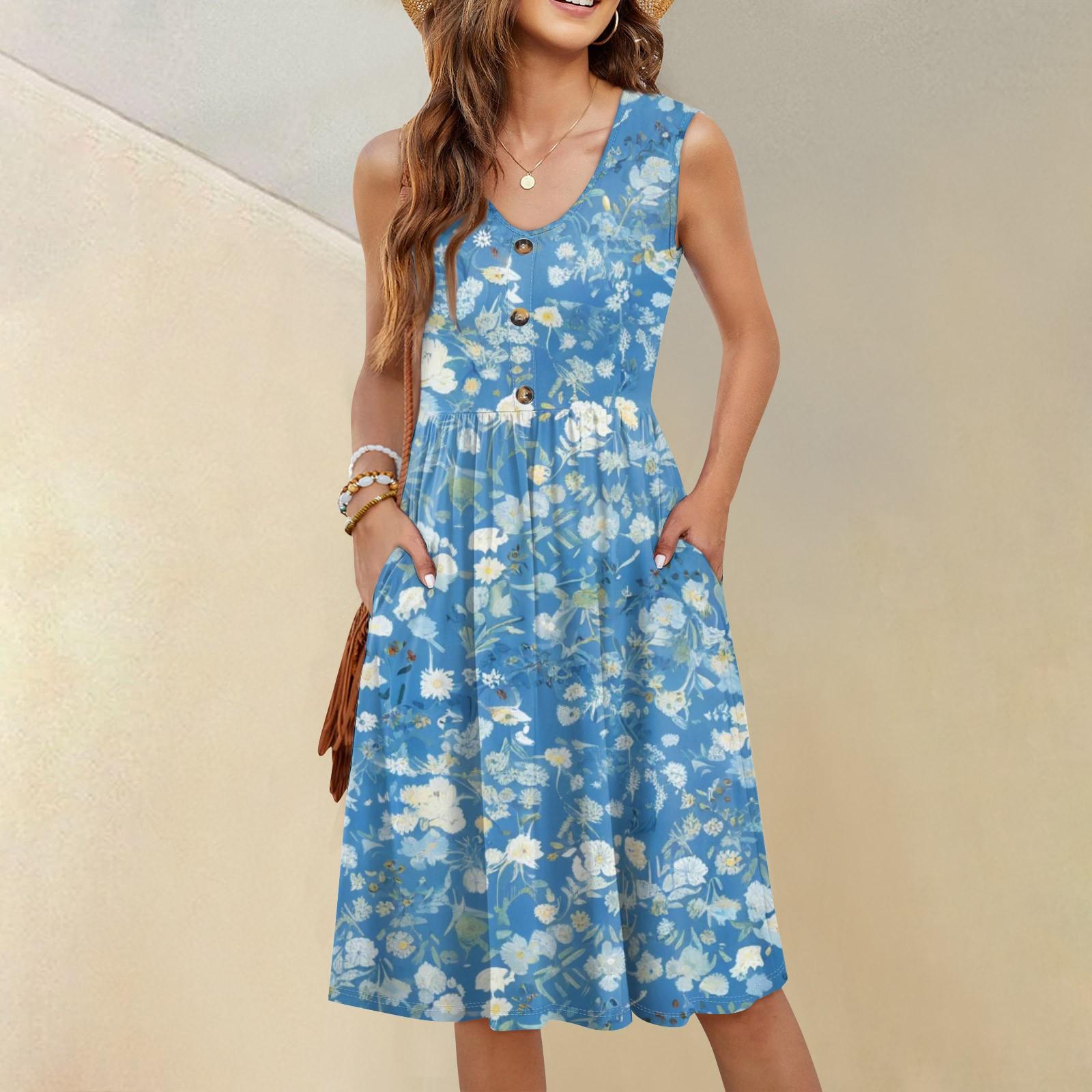 

Women s Casual Fashion Sexy V-neck Button Decoration Sleeveless Beach Printed Boutonniere Dress XXL білий