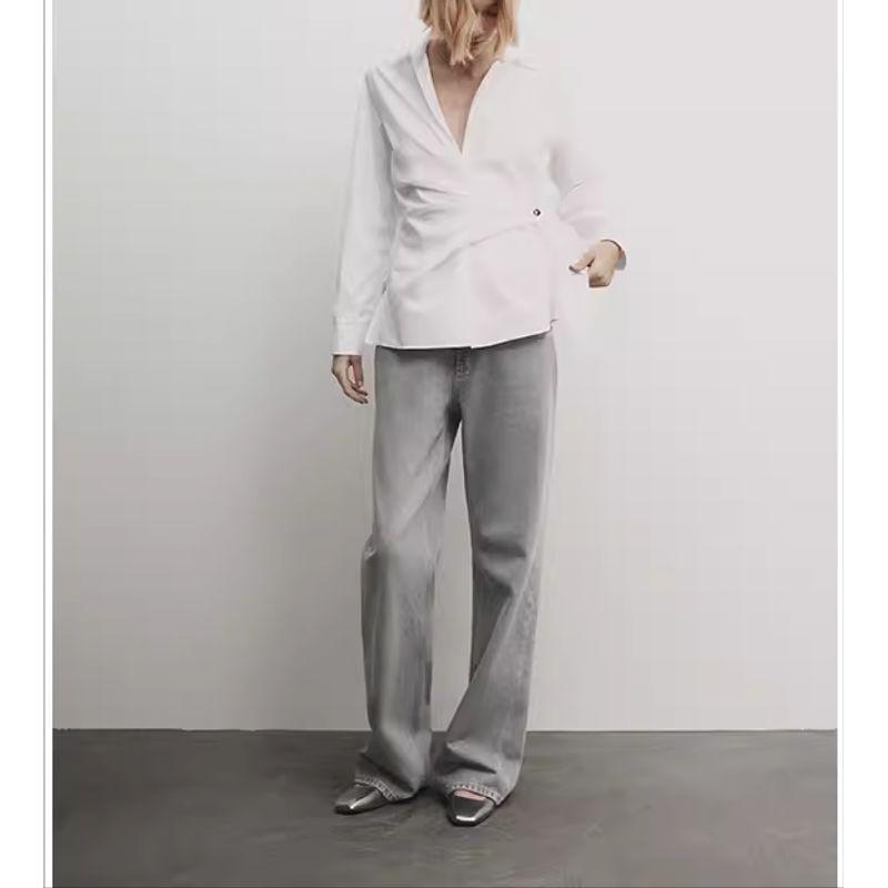 MD Spring New Arrival Women's Minimalist Style Stylish Cross Bow Tie Cotton Blend White V-neck Shirt 5150503