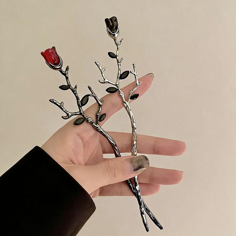Vintage Metal Red Rose Flower Hairpins Women Elegant Texture New Chinese-style Chopstick Hair Stick Girls Hair Accessories Gifts