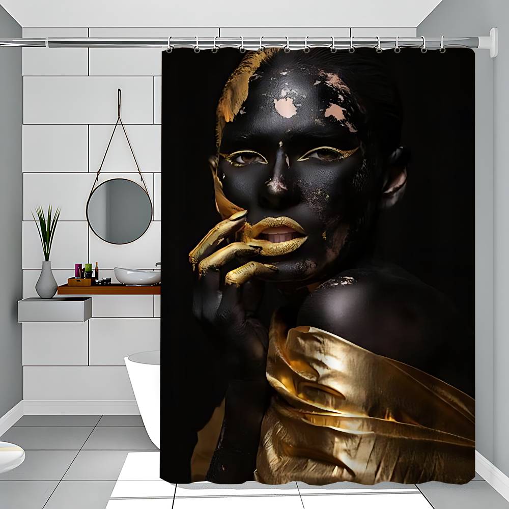 African Art Black And Gold Woman Oil Waterproof Polyester Shower Curtain Waterproof Bathroom Curtain Liners With 12 Hooks