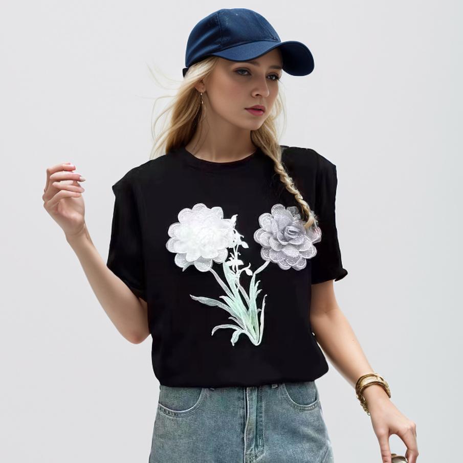 

Dimanaf 2024 Новая летняя женская футболка с коротким рукавом из хлопка с цветочным узором, свободная базовая повседневная футболка с круглым вырезом M белый