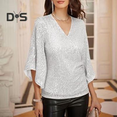 Haut à paillettes brillantes pour femmes, manches trois quarts en corne, couleur unie, col en V, pull ample, doux et respirant, chemisier de bal pour les déplacements
