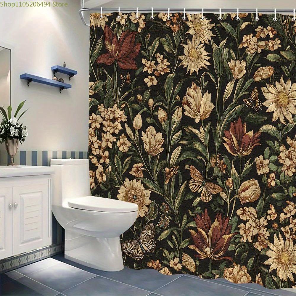 1ks Vintage botanická sprchová závěs s kopretinami, vínovými růžemi a zlatými motýly - Pozadí květinový koupelnový závěs vhodný