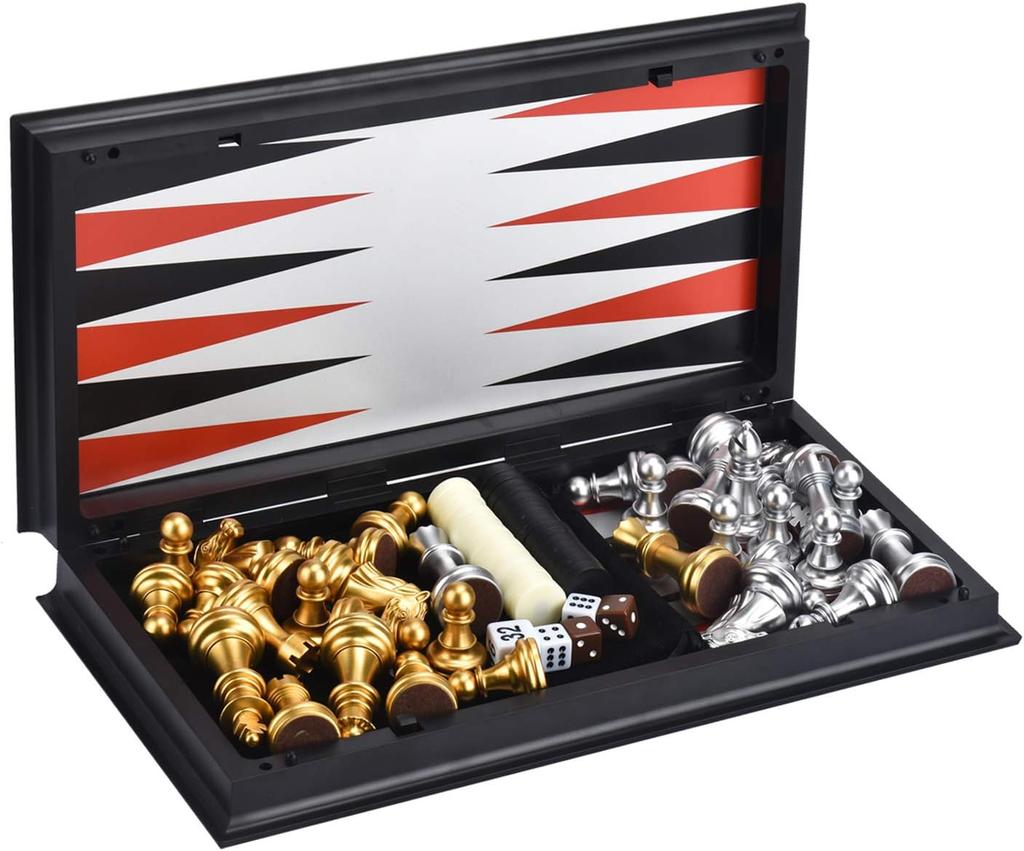 3-in-1 Magnetic Chess, Checkers, Backgammon Board Game Set, 12.5' Folding Travel Game for Kids & Adults (Gold & Silver)