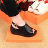 2025 summer new real soft leather slope heel cool slippers women wear fashion Internet celebrity muffin thick bottom one word cool slippers