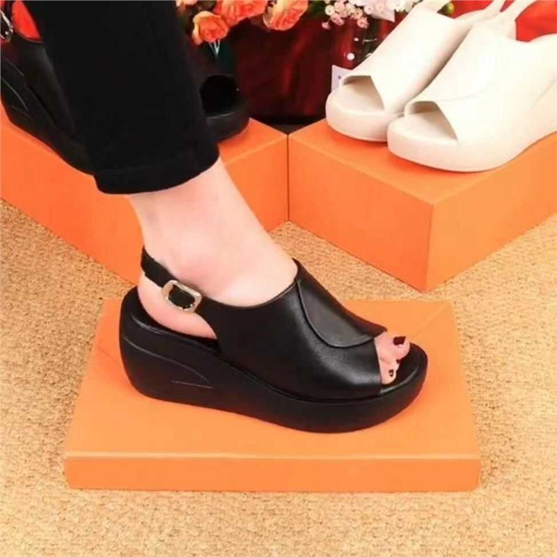 2025 summer new real soft leather slope heel cool slippers women wear fashion Internet celebrity muffin thick bottom one word cool slippers