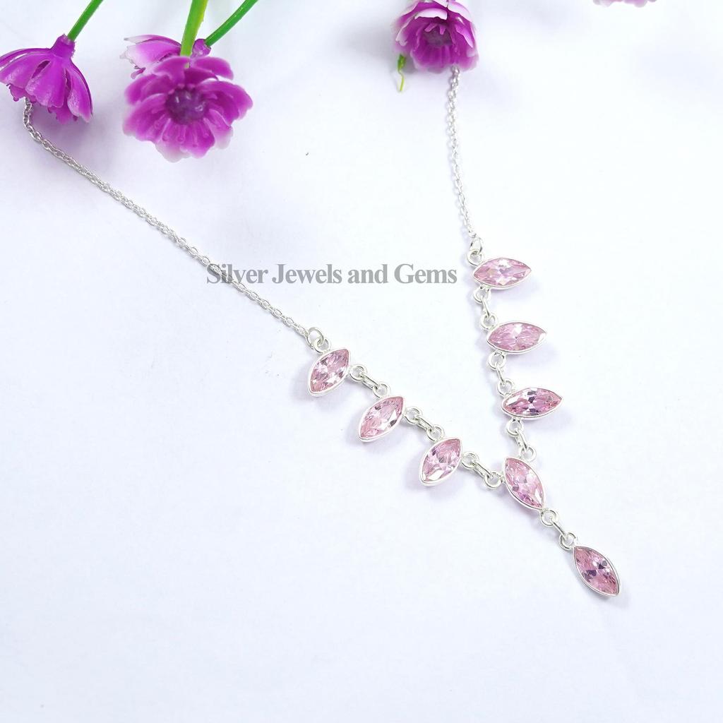 Pink Cubic Zirconia Necklace, Light Weight Necklace, Gift for Wife, Multi Stone Necklace, 925 Sterling Silver Necklace, Pink CZ Necklace