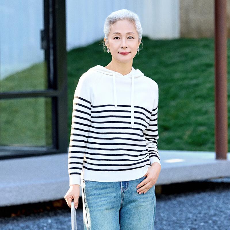 Mu Zi Women's Striped Hooded Knit Top