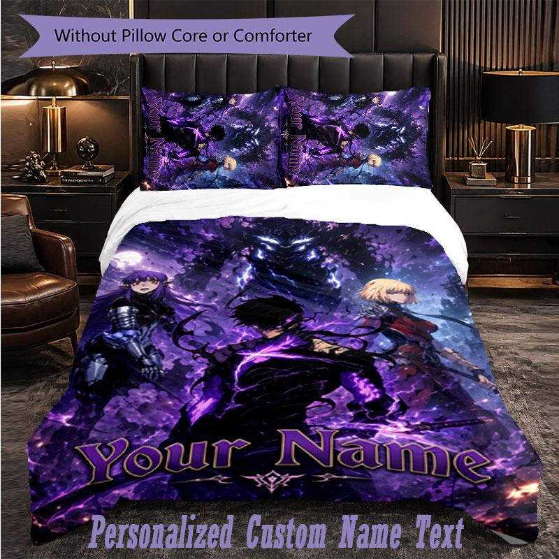 Personalized 3Pcs Bedding SetSolo Leveling Custom Text Duvet Cover Pillowcase Set Bedroom Gift