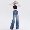Women's High Waist Drawstring Wide Leg Jeans Vintage Blue Loose Baggy Denim Trousers Casual Oversized Pants XS‑2XL