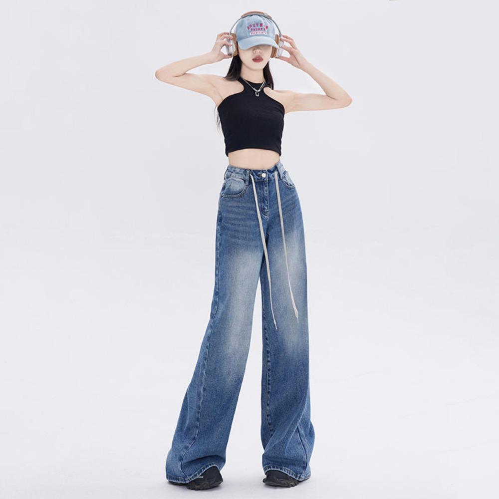Women's High Waist Drawstring Wide Leg Jeans Vintage Blue Loose Baggy Denim Trousers Casual Oversized Pants XS‑2XL