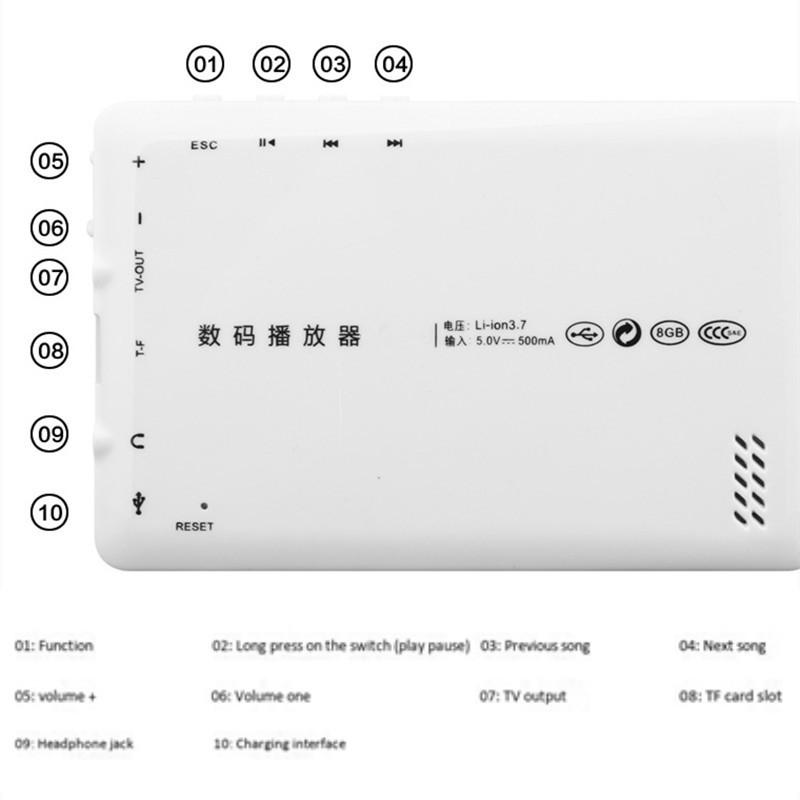 8GB 4,3palcový dotykový displej MP3 MP4 MP5 přehrávač Digitální video média Reproduktor Podpora TF dlouhá výdrž Bezztrátová hudba Hra Ebook Přehrávání