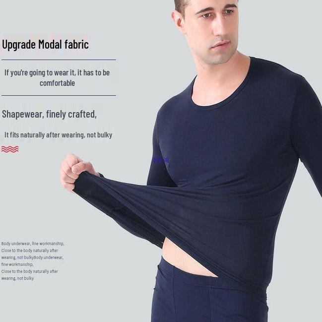 Men's Plus Size Modal Thermal Underwear: Thin, High-Elasticity Round Neck Shirt & Pants Set