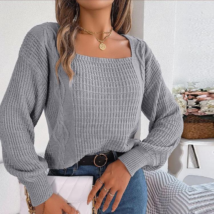 Comfortable Casual Women Solid Color Knitted Pullover Sweater Autumn Winter Square Neck Lantern Sleeve Fried Dough Twists Design