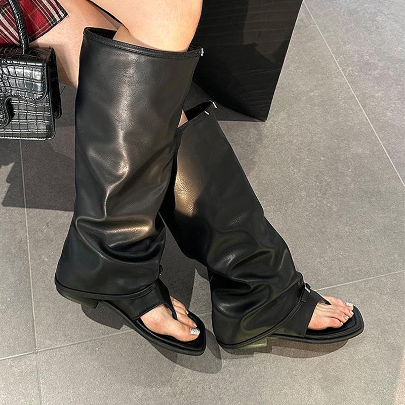 Fashion Knee High Women Cool Boots Sandals Square Toe Flats Shoes 2025 Summer Designer Clip Toe Slippers Sexy Party Zapatillas De Mujer
