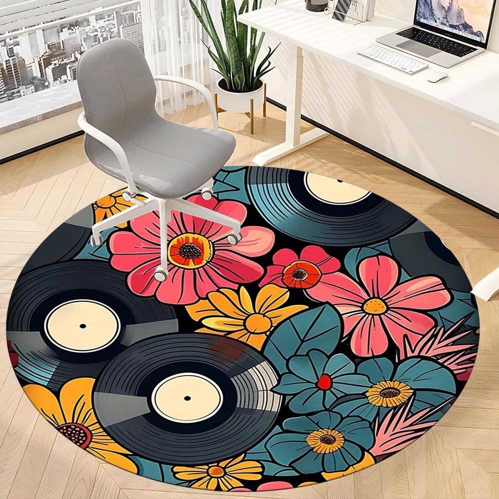 1pc Floral Music Office Round Area Rug, Indoor Mat Suitable For Office, Under Office Chairs Bedroom Living Room Home Decor, Room Deco 046
