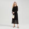 Women's High-Waist Round Neck Long Sleeve Midi Dress