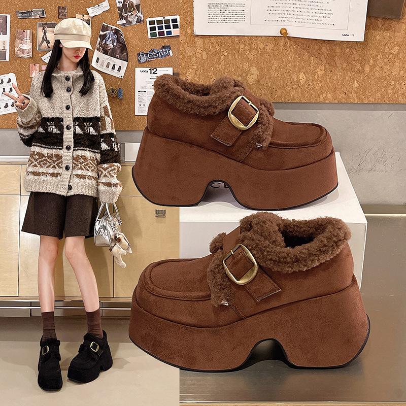 Birkenstocks women's autumn and winter new thick-soled heightening velvet warm loafers retro versatile casual cotton shoes