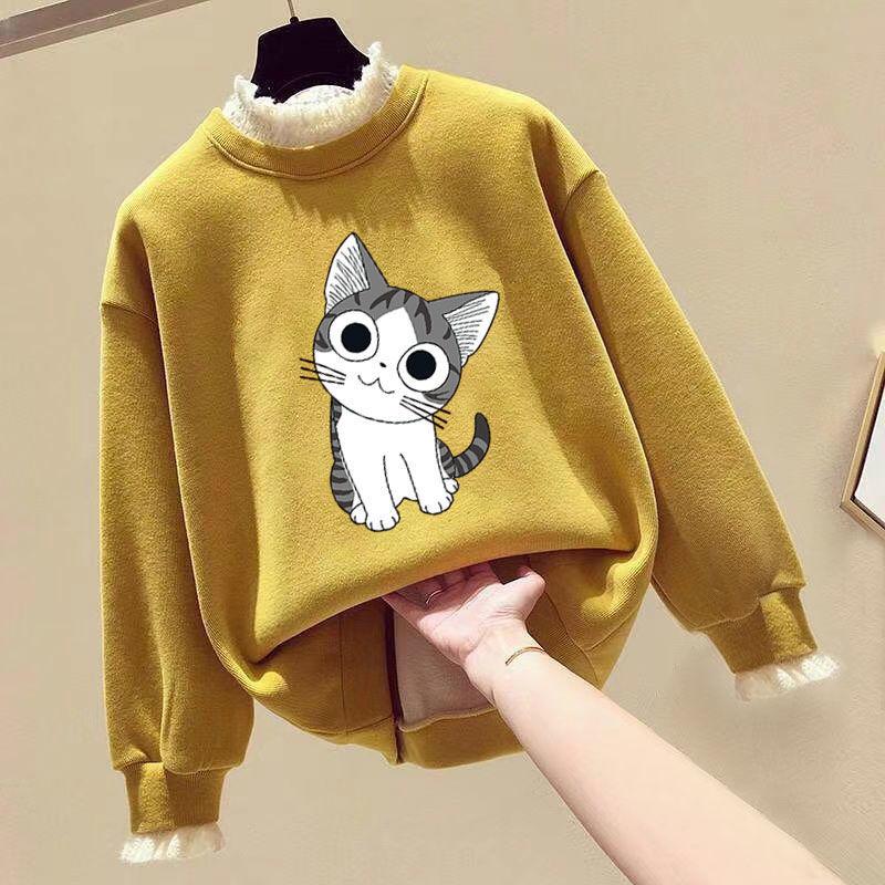 Fleece Padded Girl's Sweater Korean Style Long-sleeved Children's Top Autumn and Winter Clothes