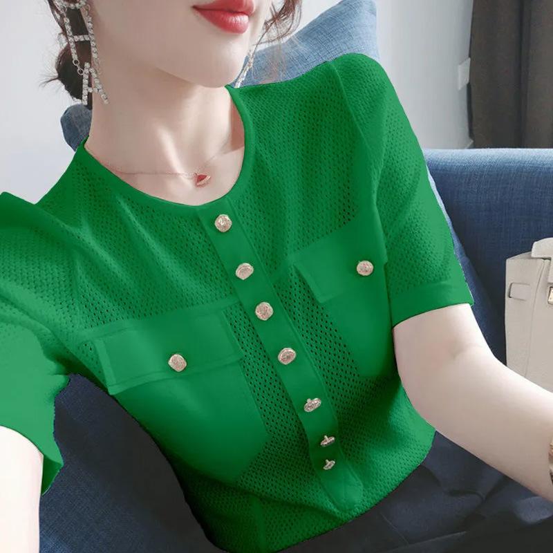 

Women s Ice Silk Round Neck Knitted T-shirt Summer Loose Short Sleeve Fashion Solid Color Top Short T-shirt 2XL зелений