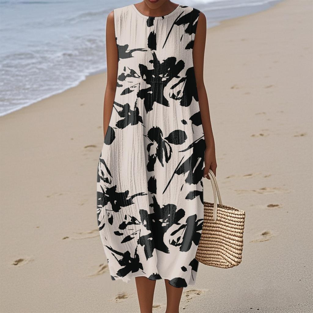 Women's Fashion Casual Sleeveless Round Neck Floral Elegant Temperament Dress