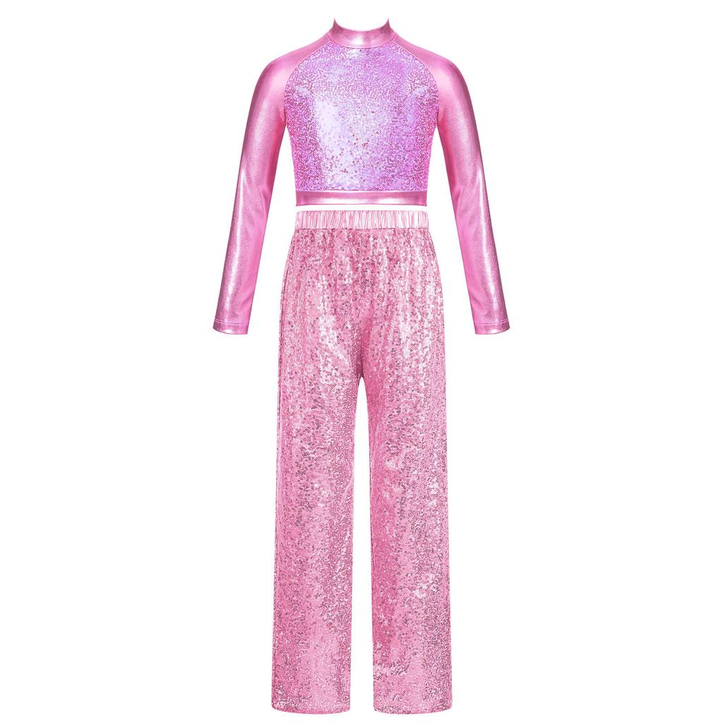 Girls Shiny Sequins Dance Crop Top Mock Neck Long Sleeve High Waist Wide Leg Pants Set