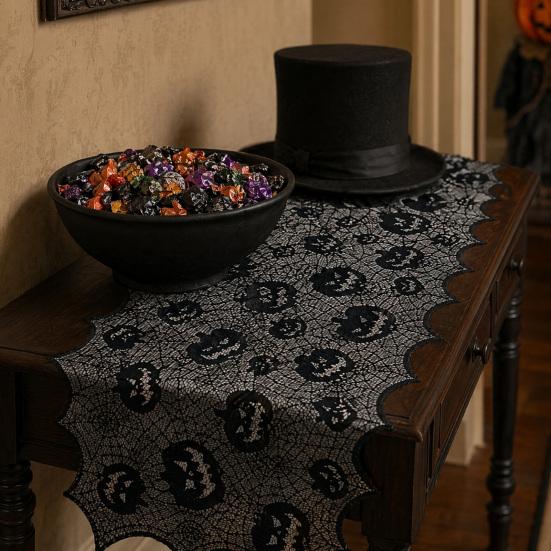Halloween Tischläufer, 70 x 15 Zoll Schwarzer Spitzen-Spinnennetz-Tischläufer, Gruselige Gotische Kürbis-Esstischdekoration für Halloween-Küchendekor,