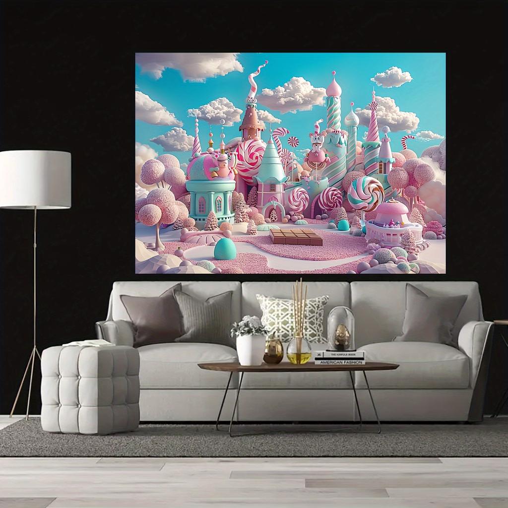 1 piece whimsical Candy Castle photography background - vibrant pink and blue fantasy sweet scenery