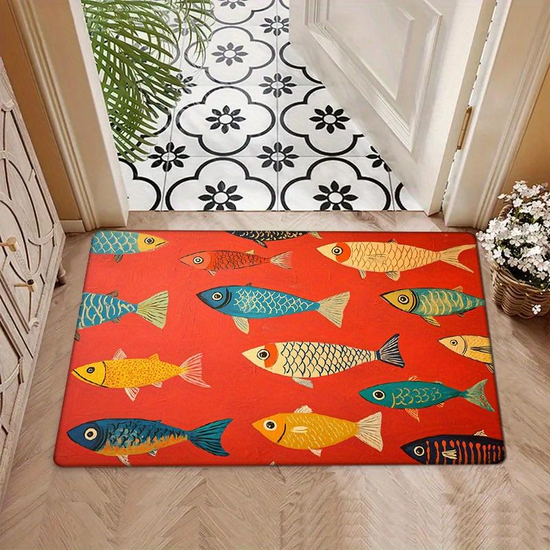 1pc Vibrant Fish Pattern Door Mat - Non-Slip, Absorbent, Machine Washable Polyester Area Mat with Colorful Fish Design On Red Ba
