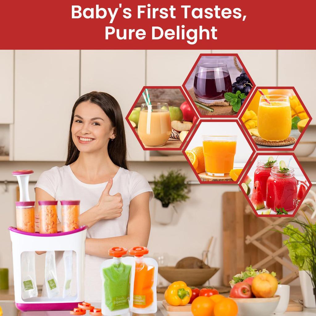 Baby Food Prep: Fruit Puree Squeezer, Storage Bags, Portioning Container, and Food Processor