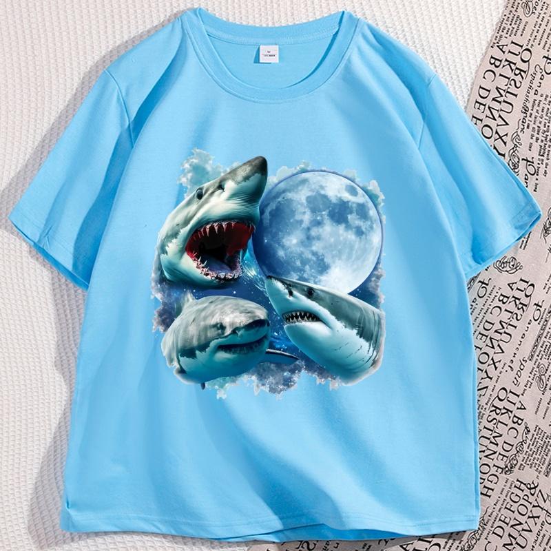 Sharks and Moon Vintage Graphic Tshirts Casual Shark Tshirt Shark Ocean Lovers Tees Funny Graphic Tee Cotton Short Sleeve Tops