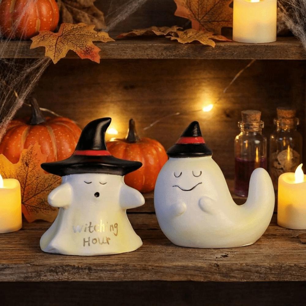 Cute Ghost Witch Hat Figurine Mini Spooky Resin Statue Witching Hour Ghost Ornaments Dining Table